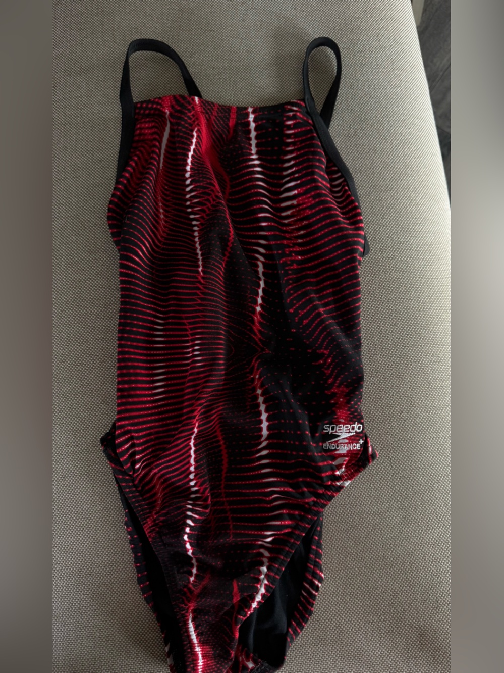 Speedo Black and Red Striped Endurance+ Swimsuit Size 30